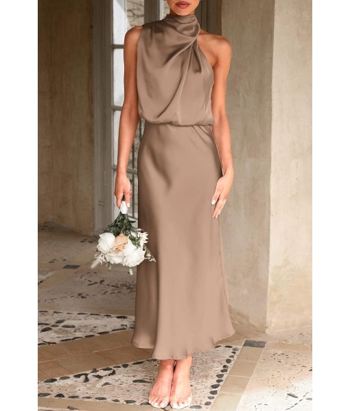 PRETTYGARDEN Women's 2025 Summer Satin Dress Elegant Sleeveless Mock Neck Cocktail Party Maxi Dresses