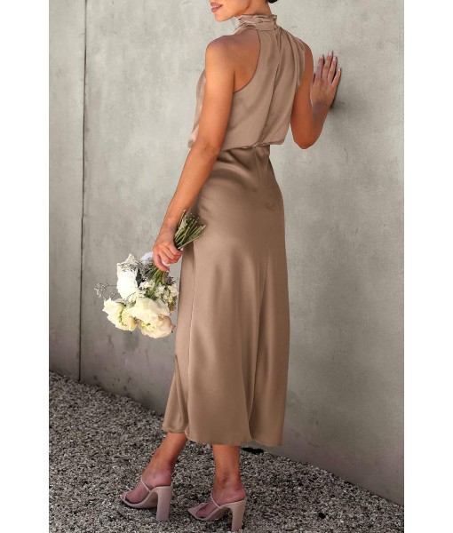 PRETTYGARDEN Women's 2025 Summer Satin Dress Elegant Sleeveless Mock Neck Cocktail Party Maxi Dresses