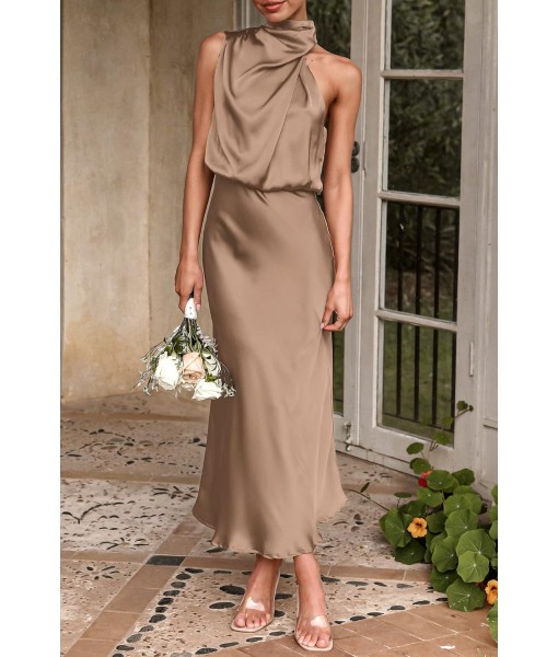PRETTYGARDEN Women's 2025 Summer Satin Dress Elegant Sleeveless Mock Neck Cocktail Party Maxi Dresses