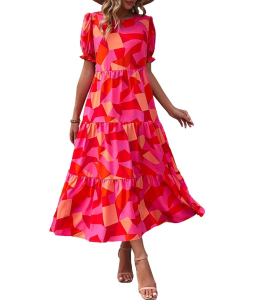 PRETTYGARDEN Summer Dresses for Women 2025 Casual Floral Boho Midi Sun Dress Puff Short Sleeve Flowy Beach Vacation Sundress
