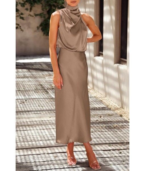 PRETTYGARDEN Women's 2025 Summer Satin Dress Elegant Sleeveless Mock Neck Cocktail Party Maxi Dresses