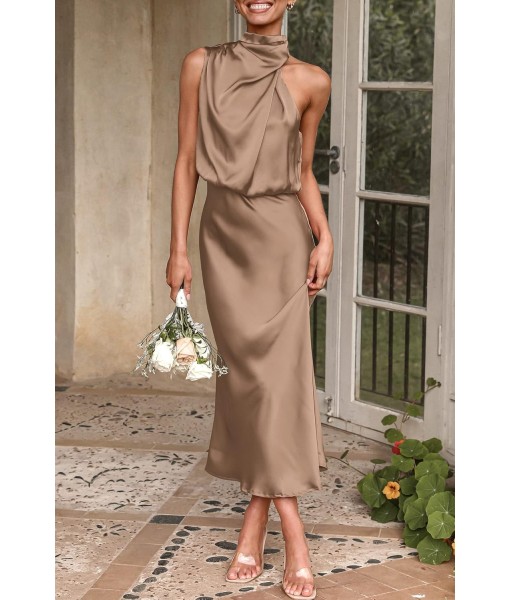 PRETTYGARDEN Women's 2025 Summer Satin Dress Elegant Sleeveless Mock Neck Cocktail Party Maxi Dresses