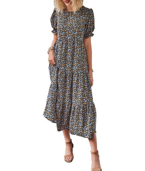 PRETTYGARDEN Summer Dresses for Women 2025 Casual Floral Boho Midi Sun Dress Puff Short Sleeve Flowy Beach Vacation Sundress