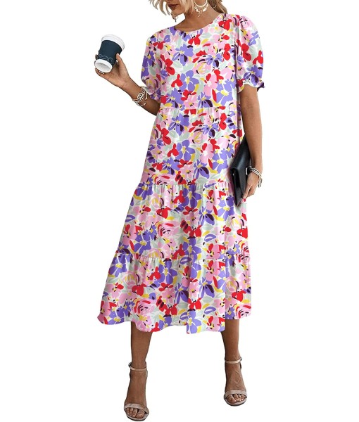 PRETTYGARDEN Summer Dresses for Women 2025 Casual Floral Boho Midi Sun Dress Puff Short Sleeve Flowy Beach Vacation Sundress
