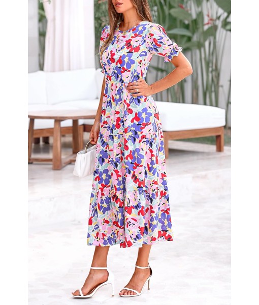 PRETTYGARDEN Summer Dresses for Women 2025 Casual Floral Boho Midi Sun Dress Puff Short Sleeve Flowy Beach Vacation Sundress