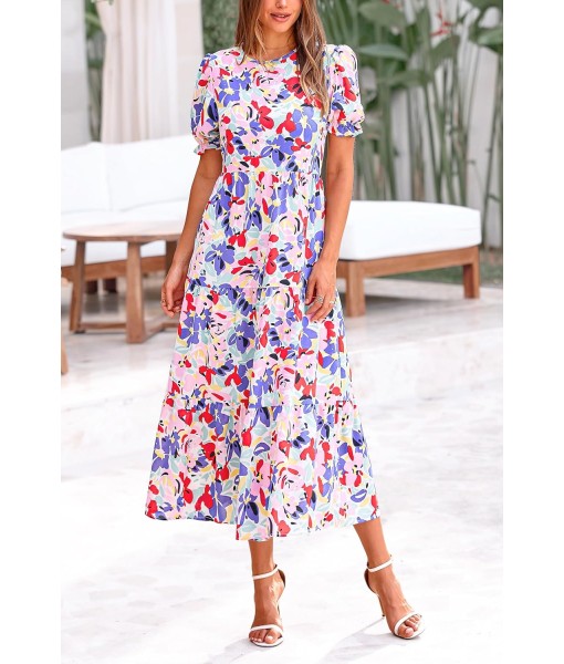 PRETTYGARDEN Summer Dresses for Women 2025 Casual Floral Boho Midi Sun Dress Puff Short Sleeve Flowy Beach Vacation Sundress
