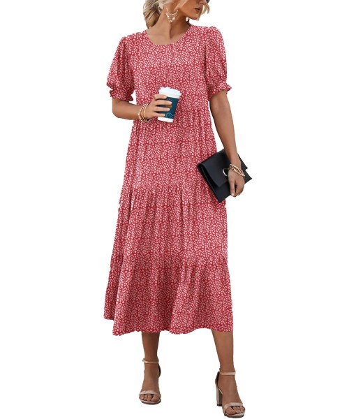 PRETTYGARDEN Summer Dresses for Women 2025 Casual Floral Boho Midi Sun Dress Puff Short Sleeve Flowy Beach Vacation Sundress