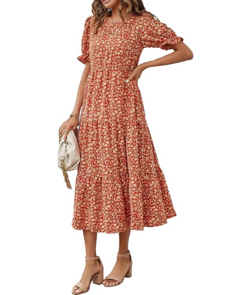 PRETTYGARDEN Summer Dresses for Women 2025 Casual Floral Boho Midi Sun Dress Puff Short Sleeve Flowy Beach Vacation Sundress