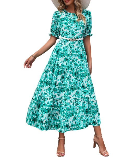 PRETTYGARDEN Summer Dresses for Women 2025 Casual Floral Boho Midi Sun Dress Puff Short Sleeve Flowy Beach Vacation Sundress