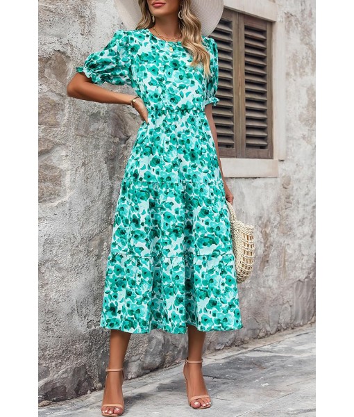 PRETTYGARDEN Summer Dresses for Women 2025 Casual Floral Boho Midi Sun Dress Puff Short Sleeve Flowy Beach Vacation Sundress
