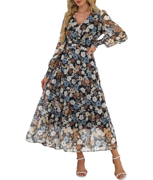 ANRABESS Womens Floral Long Sleeve Maxi Dress V Neck Chiffon Flowy Boho A-Line 2025 Fall Wedding Guest Party Wrap Dresses