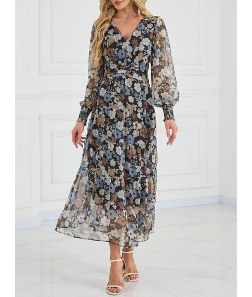 ANRABESS Womens Floral Long Sleeve Maxi Dress V Neck Chiffon Flowy Boho A-Line 2025 Fall Wedding Guest Party Wrap Dresses