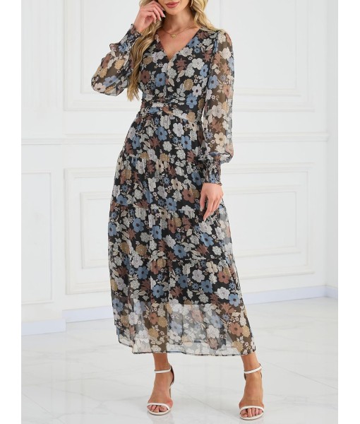 ANRABESS Womens Floral Long Sleeve Maxi Dress V Neck Chiffon Flowy Boho A-Line 2025 Fall Wedding Guest Party Wrap Dresses