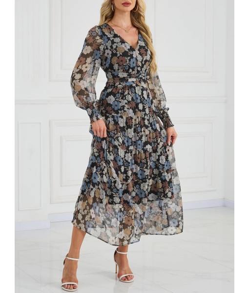 ANRABESS Womens Floral Long Sleeve Maxi Dress V Neck Chiffon Flowy Boho A-Line 2025 Fall Wedding Guest Party Wrap Dresses