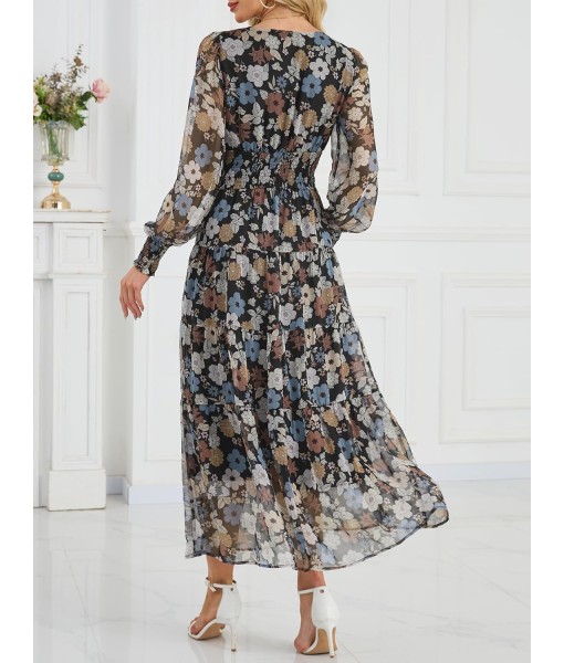 ANRABESS Womens Floral Long Sleeve Maxi Dress V Neck Chiffon Flowy Boho A-Line 2025 Fall Wedding Guest Party Wrap Dresses