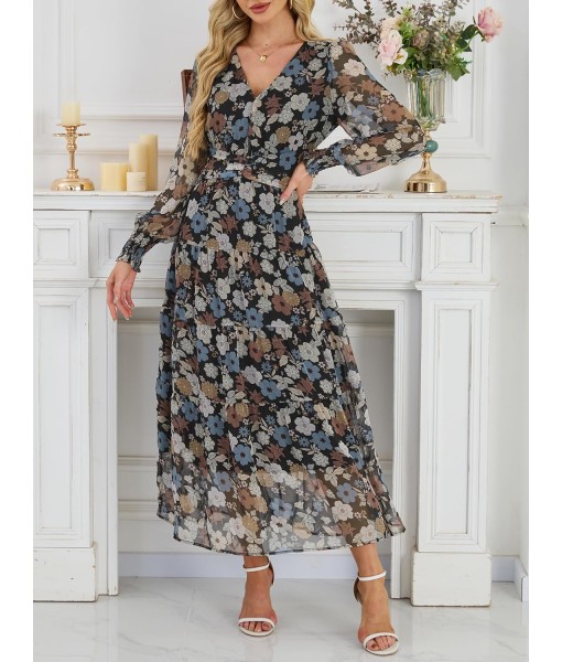 ANRABESS Womens Floral Long Sleeve Maxi Dress V Neck Chiffon Flowy Boho A-Line 2025 Fall Wedding Guest Party Wrap Dresses