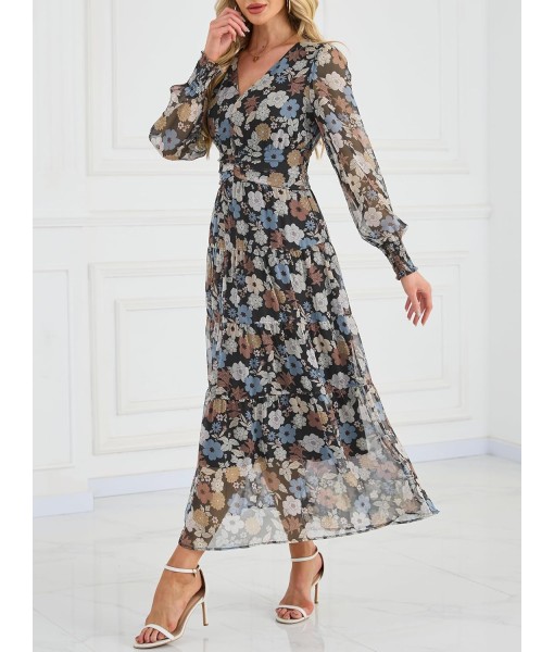ANRABESS Womens Floral Long Sleeve Maxi Dress V Neck Chiffon Flowy Boho A-Line 2025 Fall Wedding Guest Party Wrap Dresses