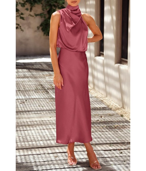 PRETTYGARDEN Women's 2025 Summer Satin Dress Elegant Sleeveless Mock Neck Cocktail Party Maxi Dresses