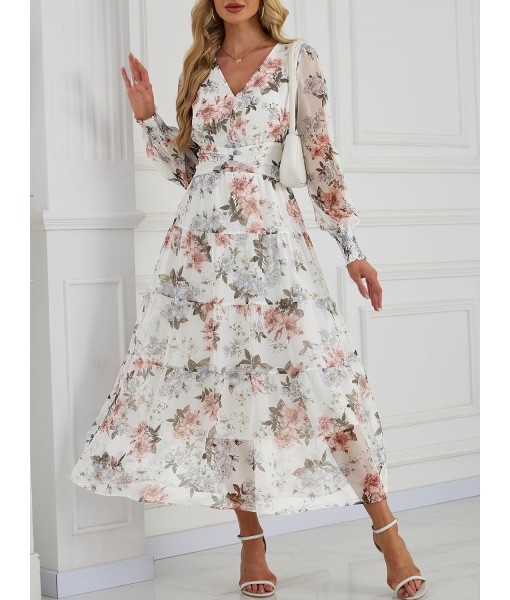 ANRABESS Womens Floral Long Sleeve Maxi Dress V Neck Chiffon Flowy Boho A-Line 2025 Fall Wedding Guest Party Wrap Dresses
