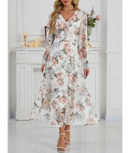 ANRABESS Womens Floral Long Sleeve Maxi Dress V Neck Chiffon Flowy Boho A-Line 2025 Fall Wedding Guest Party Wrap Dresses