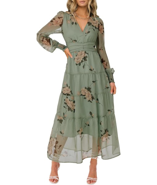 ANRABESS Womens Floral Long Sleeve Maxi Dress V Neck Chiffon Flowy Boho A-Line 2025 Fall Wedding Guest Party Wrap Dresses