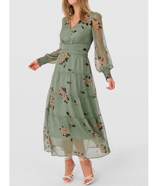 ANRABESS Womens Floral Long Sleeve Maxi Dress V Neck Chiffon Flowy Boho A-Line 2025 Fall Wedding Guest Party Wrap Dresses