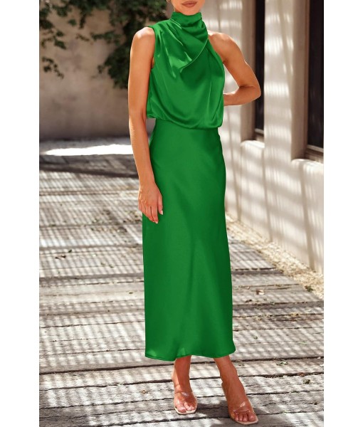 PRETTYGARDEN Women's 2025 Summer Satin Dress Elegant Sleeveless Mock Neck Cocktail Party Maxi Dresses