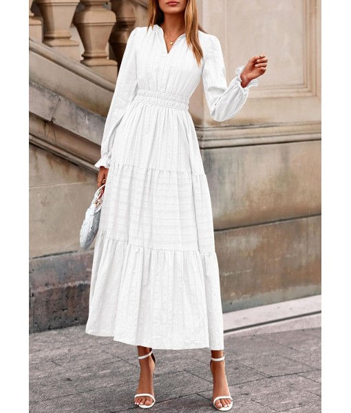 PRETTYGARDEN Women's 2025 Fall Wedding Guest Dresses Long Sleeve V Neck Flowy Elegant Holiday Party Maxi Dress with Pockets