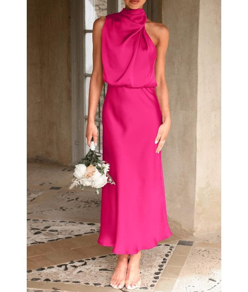 PRETTYGARDEN Women's 2025 Summer Satin Dress Elegant Sleeveless Mock Neck Cocktail Party Maxi Dresses