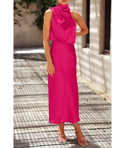 PRETTYGARDEN Women's 2025 Summer Satin Dress Elegant Sleeveless Mock Neck Cocktail Party Maxi Dresses