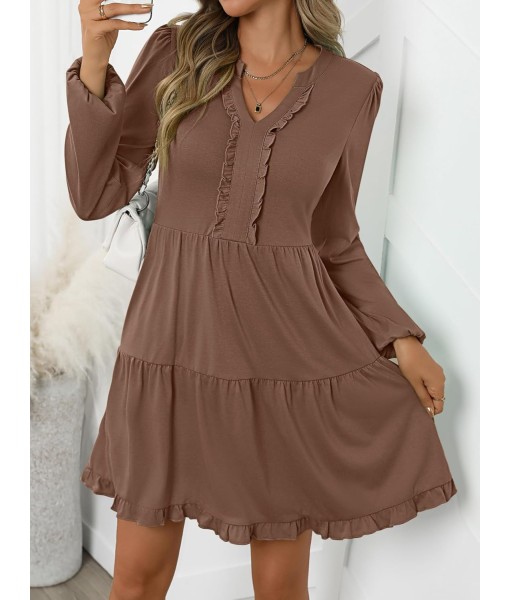 ANRABESS Womens Long Sleeve Dress 2025 Fall Casual V Neck Tiered Flowy Swing Short Mini Dresses Beach Travel Vacation Outfits