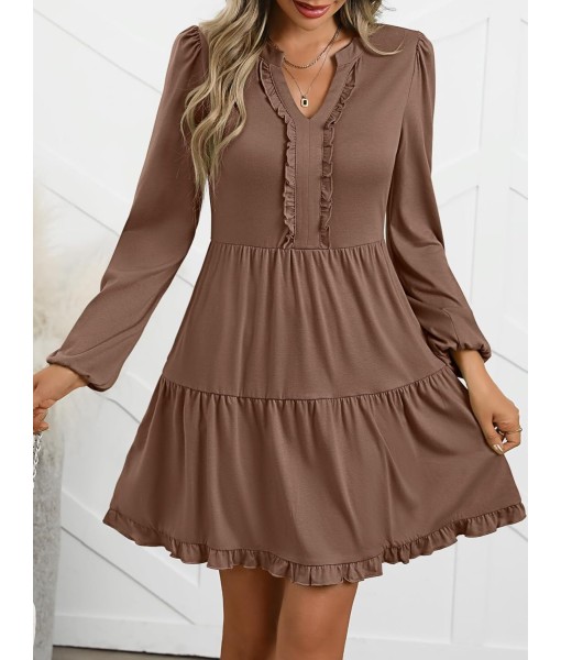 ANRABESS Womens Long Sleeve Dress 2025 Fall Casual V Neck Tiered Flowy Swing Short Mini Dresses Beach Travel Vacation Outfits