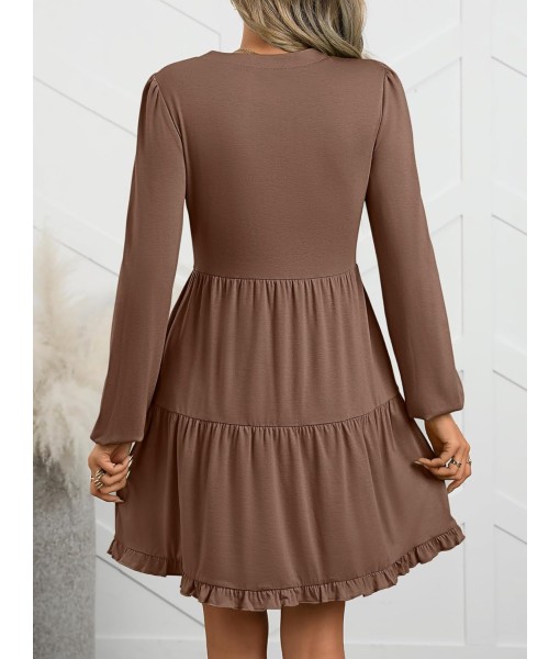 ANRABESS Womens Long Sleeve Dress 2025 Fall Casual V Neck Tiered Flowy Swing Short Mini Dresses Beach Travel Vacation Outfits