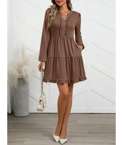 ANRABESS Womens Long Sleeve Dress 2025 Fall Casual V Neck Tiered Flowy Swing Short Mini Dresses Beach Travel Vacation Outfits