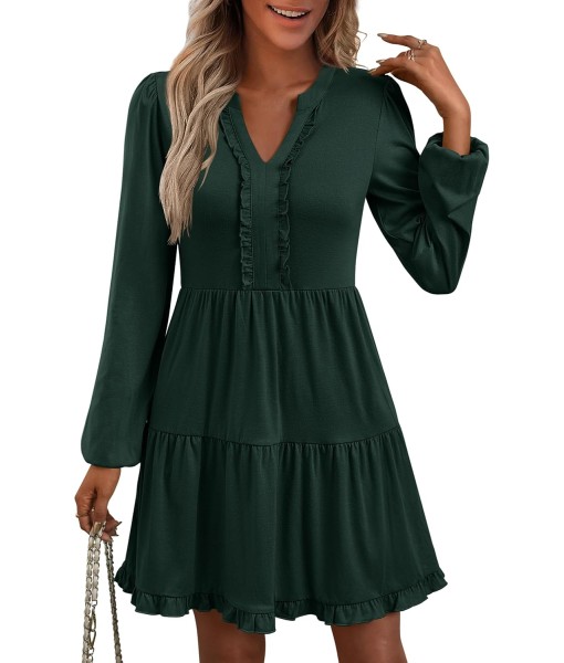ANRABESS Womens Long Sleeve Dress 2025 Fall Casual V Neck Tiered Flowy Swing Short Mini Dresses Beach Travel Vacation Outfits
