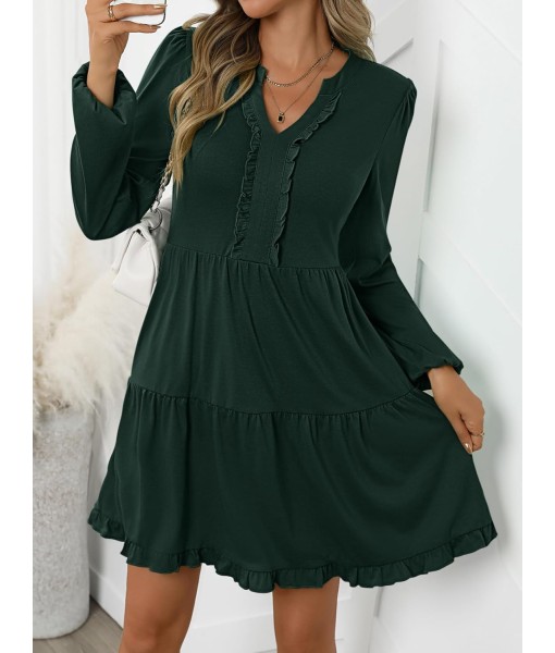 ANRABESS Womens Long Sleeve Dress 2025 Fall Casual V Neck Tiered Flowy Swing Short Mini Dresses Beach Travel Vacation Outfits