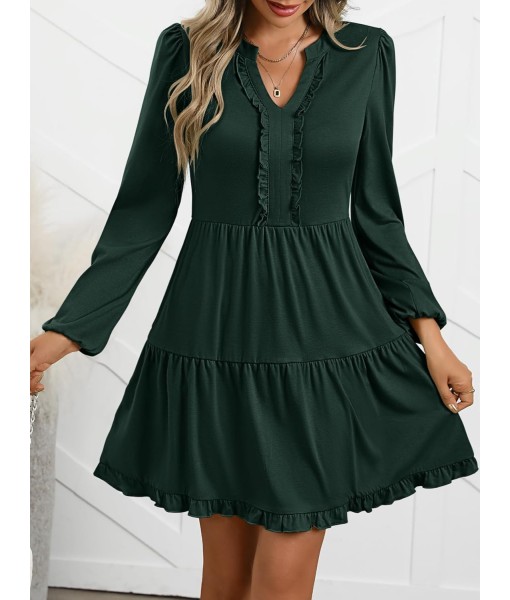 ANRABESS Womens Long Sleeve Dress 2025 Fall Casual V Neck Tiered Flowy Swing Short Mini Dresses Beach Travel Vacation Outfits