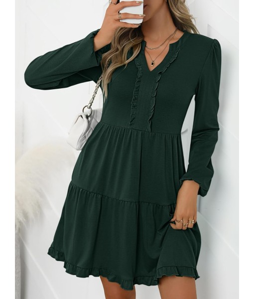 ANRABESS Womens Long Sleeve Dress 2025 Fall Casual V Neck Tiered Flowy Swing Short Mini Dresses Beach Travel Vacation Outfits