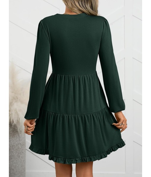 ANRABESS Womens Long Sleeve Dress 2025 Fall Casual V Neck Tiered Flowy Swing Short Mini Dresses Beach Travel Vacation Outfits