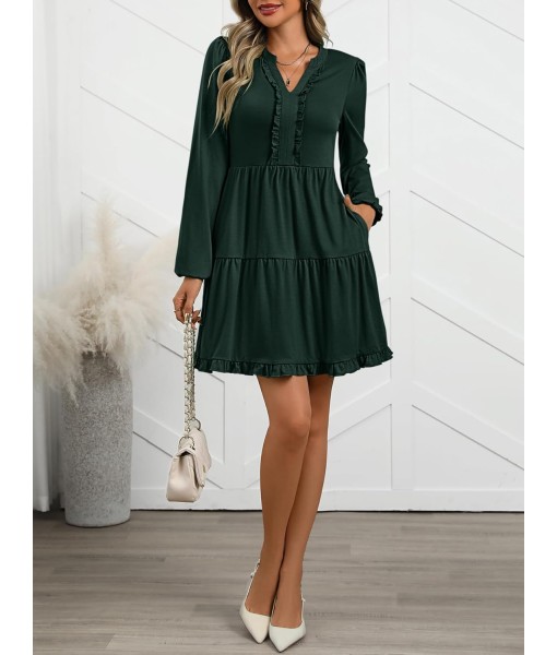 ANRABESS Womens Long Sleeve Dress 2025 Fall Casual V Neck Tiered Flowy Swing Short Mini Dresses Beach Travel Vacation Outfits