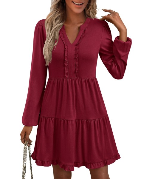 ANRABESS Womens Long Sleeve Dress 2025 Fall Casual V Neck Tiered Flowy Swing Short Mini Dresses Beach Travel Vacation Outfits