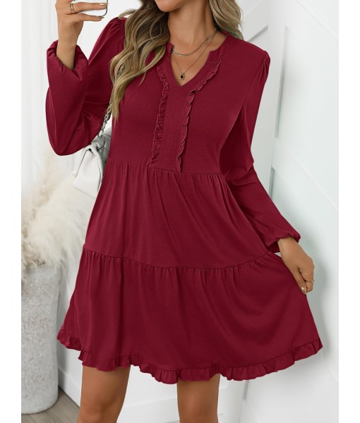 ANRABESS Womens Long Sleeve Dress 2025 Fall Casual V Neck Tiered Flowy Swing Short Mini Dresses Beach Travel Vacation Outfits