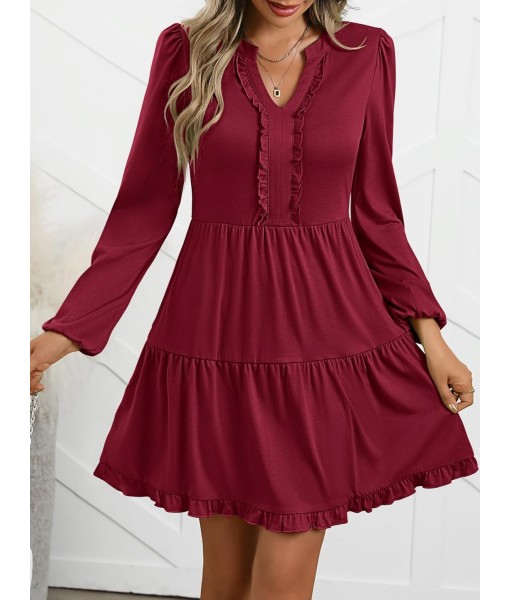 ANRABESS Womens Long Sleeve Dress 2025 Fall Casual V Neck Tiered Flowy Swing Short Mini Dresses Beach Travel Vacation Outfits