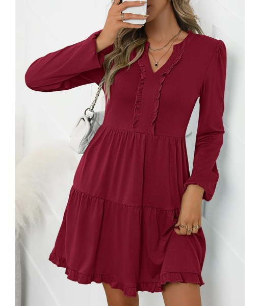 ANRABESS Womens Long Sleeve Dress 2025 Fall Casual V Neck Tiered Flowy Swing Short Mini Dresses Beach Travel Vacation Outfits