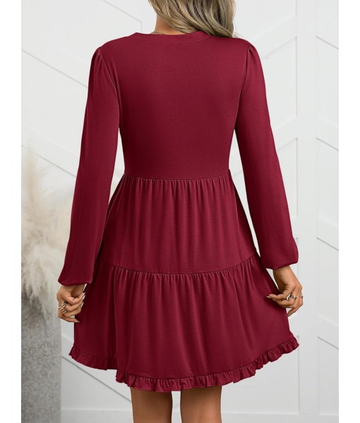 ANRABESS Womens Long Sleeve Dress 2025 Fall Casual V Neck Tiered Flowy Swing Short Mini Dresses Beach Travel Vacation Outfits