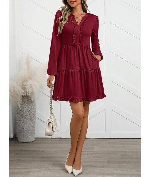 ANRABESS Womens Long Sleeve Dress 2025 Fall Casual V Neck Tiered Flowy Swing Short Mini Dresses Beach Travel Vacation Outfits