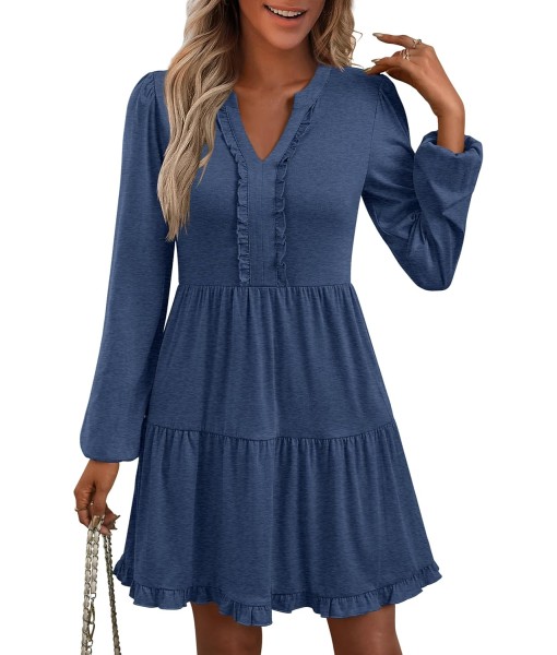 ANRABESS Womens Long Sleeve Dress 2025 Fall Casual V Neck Tiered Flowy Swing Short Mini Dresses Beach Travel Vacation Outfits