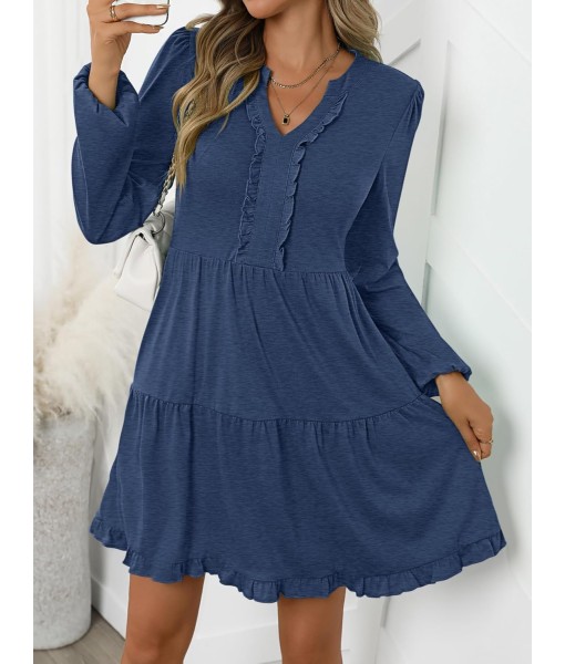 ANRABESS Womens Long Sleeve Dress 2025 Fall Casual V Neck Tiered Flowy Swing Short Mini Dresses Beach Travel Vacation Outfits