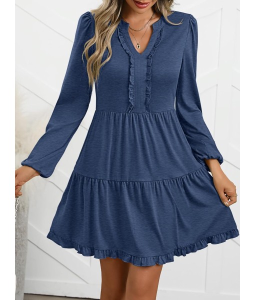 ANRABESS Womens Long Sleeve Dress 2025 Fall Casual V Neck Tiered Flowy Swing Short Mini Dresses Beach Travel Vacation Outfits