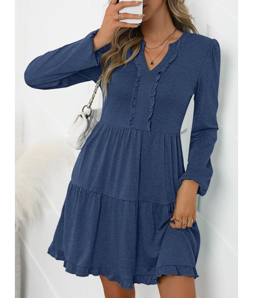 ANRABESS Womens Long Sleeve Dress 2025 Fall Casual V Neck Tiered Flowy Swing Short Mini Dresses Beach Travel Vacation Outfits